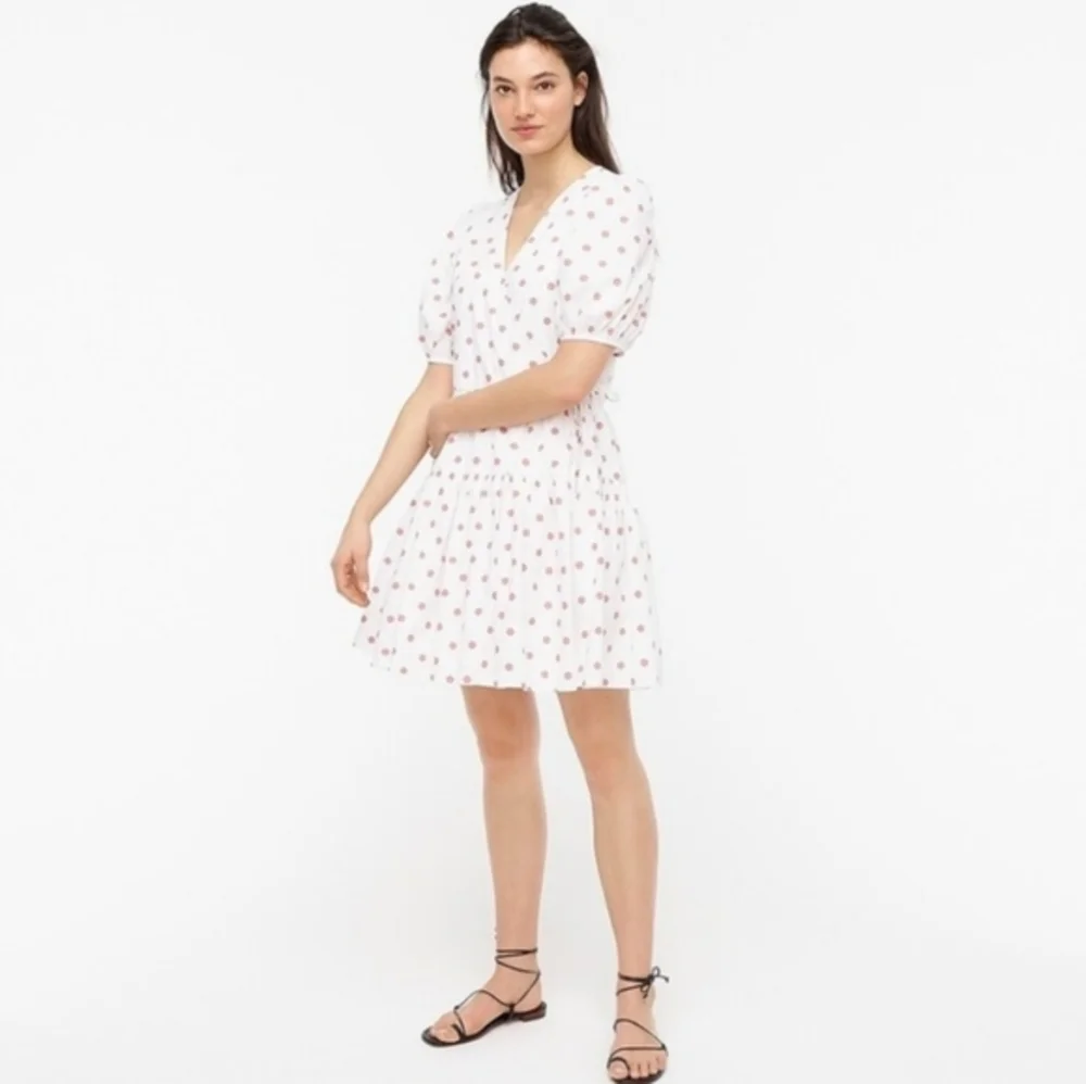 J.Crew White Rose Polka Dot Short Puff-Sleeve‎ Cotton Poplin Mini Wrap Dress XS